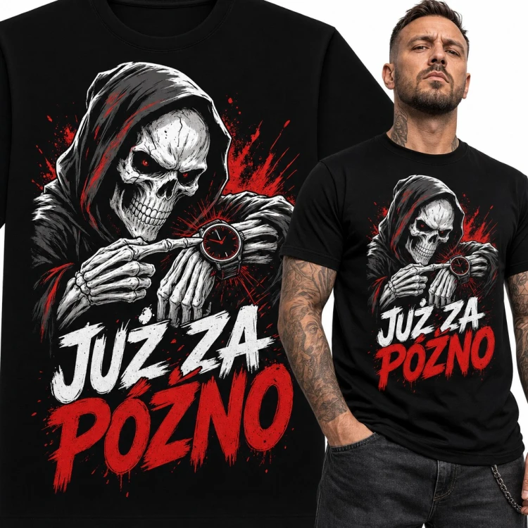 Koszulka męska z kostuchą i zegarkiem „Już za późno”