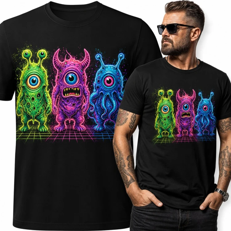 Koszulka męska neonowe potwory kosmiczne - trzy jednookie stwory na siatce synthwave