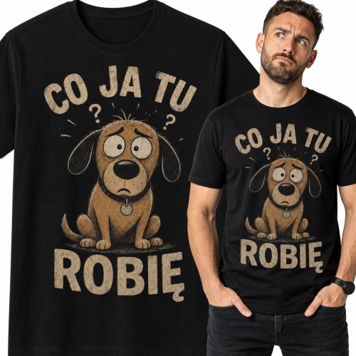 Koszulka męska „Co ja tu robię” - zdezorientowany pies z pytajnikami