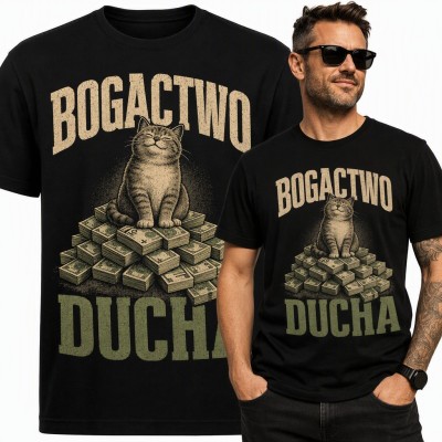 Koszulka męska „Bogactwo ducha” - kot na stosie pieniędzy dla kociarza