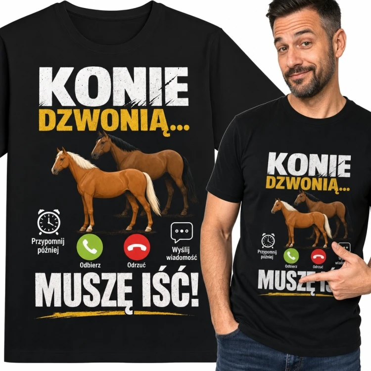 Koszulka męska z końmi „Konie dzwonią... muszę iść!” - dla jeźdźca