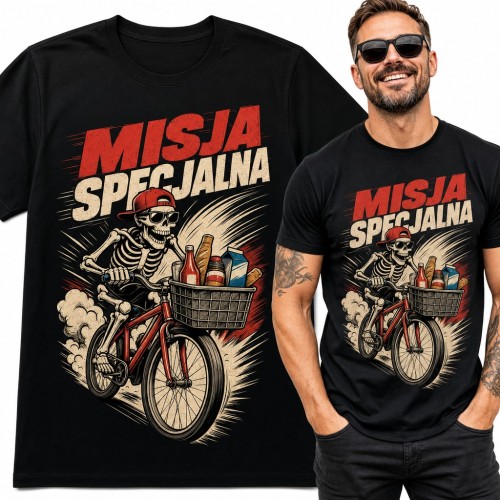 Koszulka męska „Misja specjalna” - szkielet na rowerze z zakupami