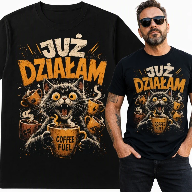 Koszulka męska z kotem po kawie „Już działam” - Coffee Fuel dla kawosza