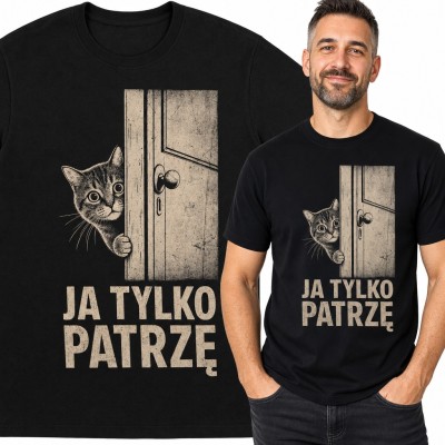 Koszulka męska z kotem zza drzwi „Ja tylko patrzę” - śmieszny wzór dla kociarza