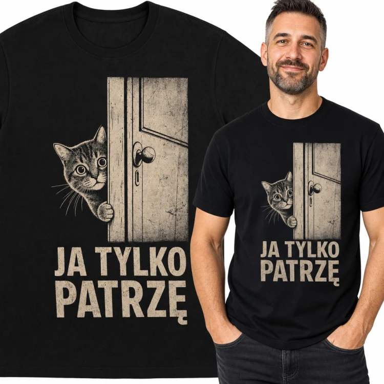 Koszulka męska z kotem zza drzwi „Ja tylko patrzę” - śmieszny wzór dla kociarza