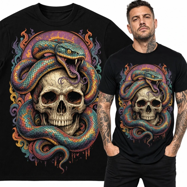 Koszulka męska z wężem oplatającym czaszkę - kolorowy wzór tattoo