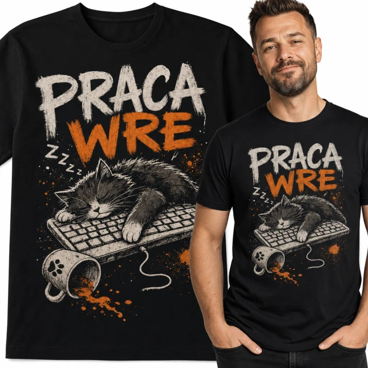 Koszulka męska „Praca wre” - śpiący kot na klawiaturze i rozlana kawa