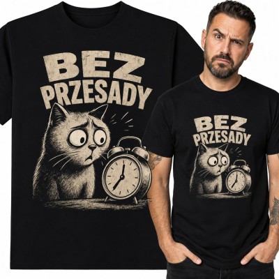 Koszulka męska z kotem i budzikiem „Bez przesady”