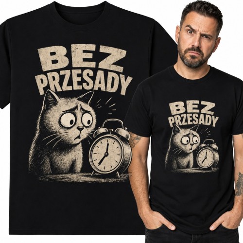 Koszulka męska z kotem i budzikiem „Bez przesady”