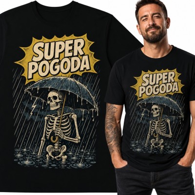 Koszulka męska „Super pogoda” - szkielet z parasolem w ulewie
