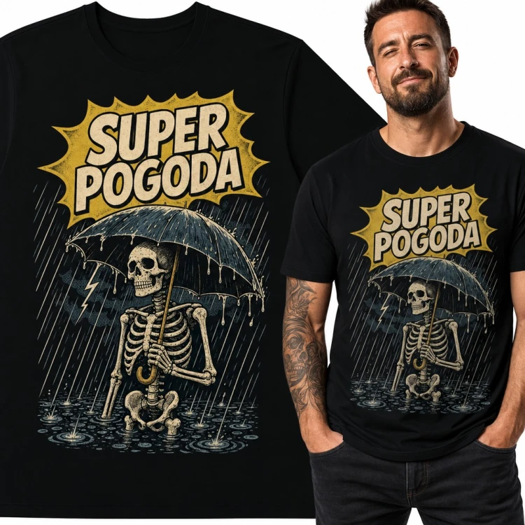 Koszulka męska „Super pogoda” - szkielet z parasolem w ulewie