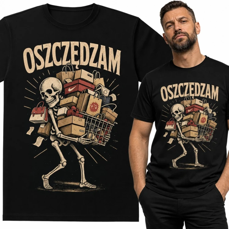 Koszulka męska „Oszczędzam” - szkielet ze stosem zakupów
