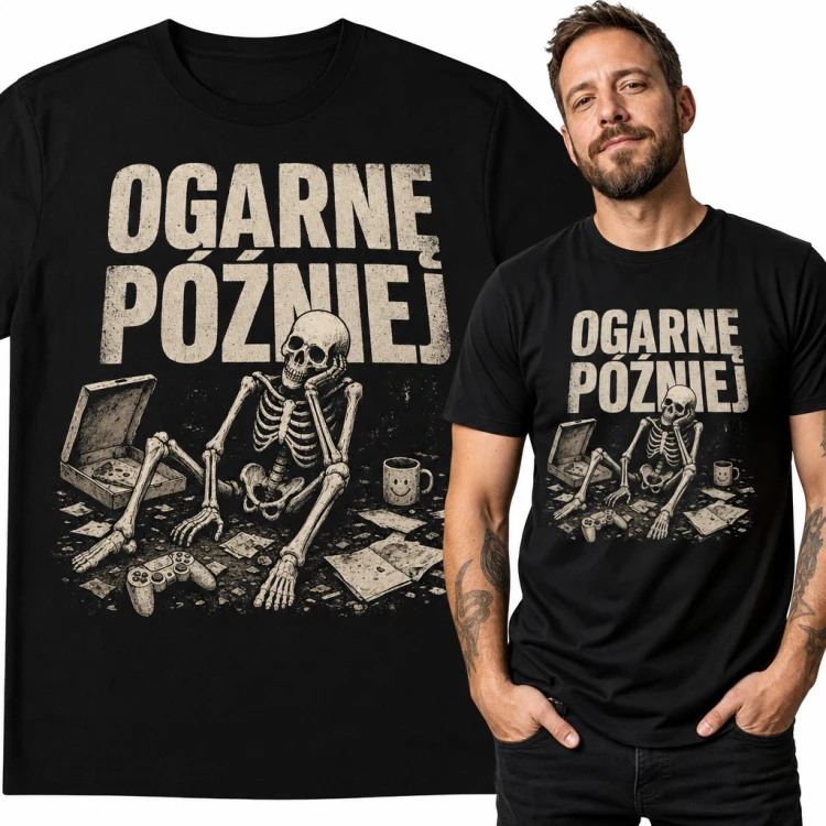 Koszulka męska „Ogarnę później” - leniwy szkielet z padem i pizzą