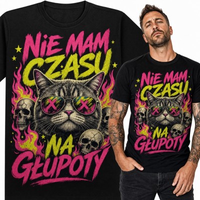 Koszulka męska „Nie mam czasu na głupoty” - kot w okularach wśród czaszek i płomieni