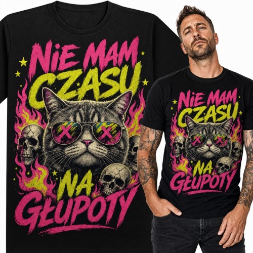 Koszulka męska „Nie mam czasu na głupoty” - kot w okularach wśród czaszek i płomieni