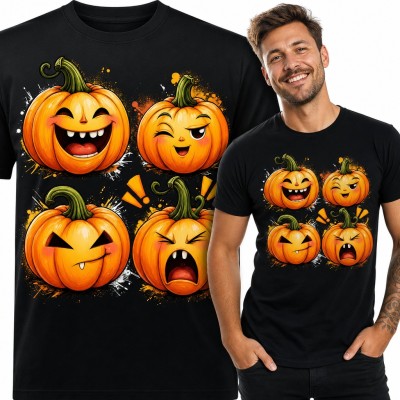 Koszulka męska z czterema dyniami i śmiesznymi minami na Halloween