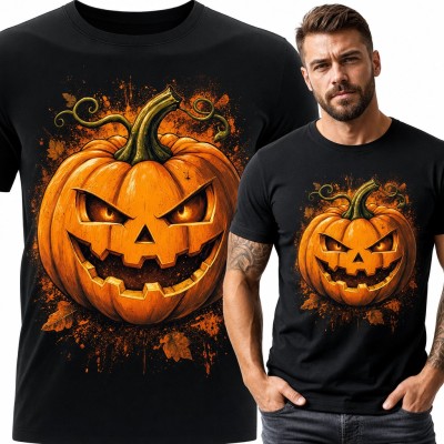 Koszulka męska z groźną dynią Halloween i jesiennymi liśćmi