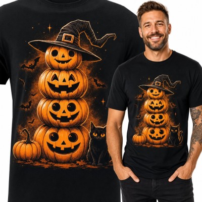 Koszulka męska Halloween - wieża dyń w kapeluszu czarownicy i czarny kot