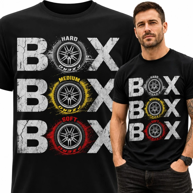 Koszulka męska „Box box box” - opony F1 hard, medium i soft dla fana Formuły 1