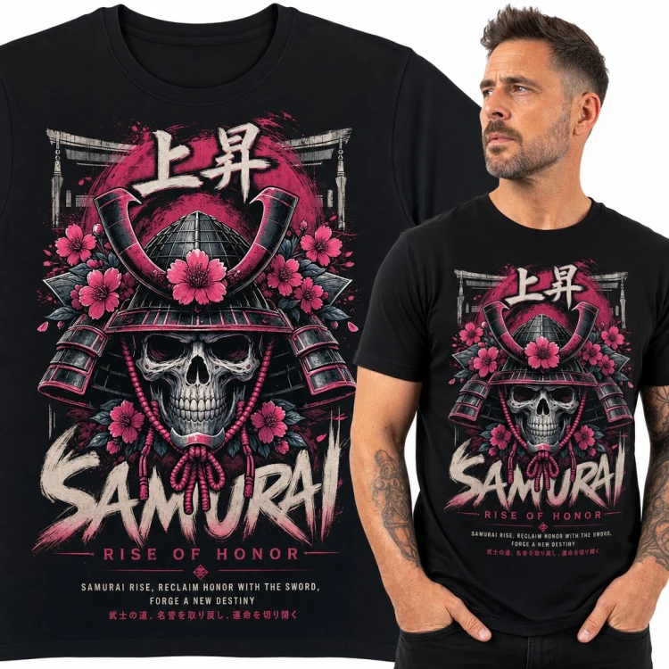 Koszulka męska z czaszką samuraja w hełmie kabuto i sakurą - „Samurai Rise of Honor”