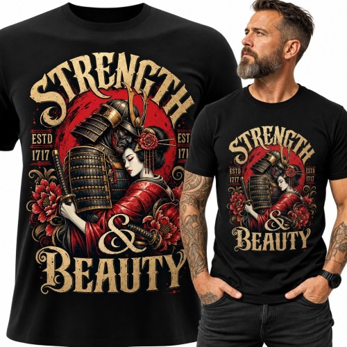 Koszulka męska samuraj i gejsza „Strength &amp; Beauty” - japoński wojownik z kataną