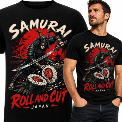 Koszulka męska „Samurai Roll and Cut Japan” - samuraj z kataną i sushi