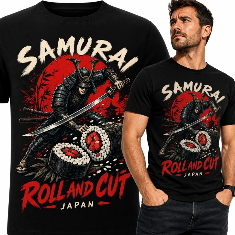 Koszulka męska „Samurai Roll and Cut Japan” - samuraj z kataną i sushi
