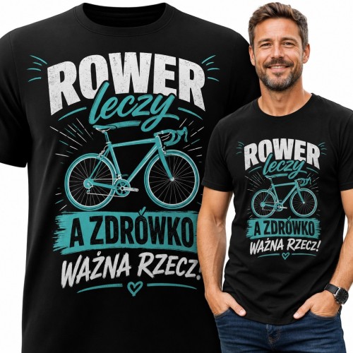 Koszulka męska z rowerem szosowym dla rowerzysty „Rower leczy a zdrówko ważna rzecz!”