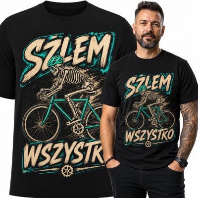 Koszulka męska „Szłem wszystko” - szkielet kolarz na rowerze dla rowerzysty