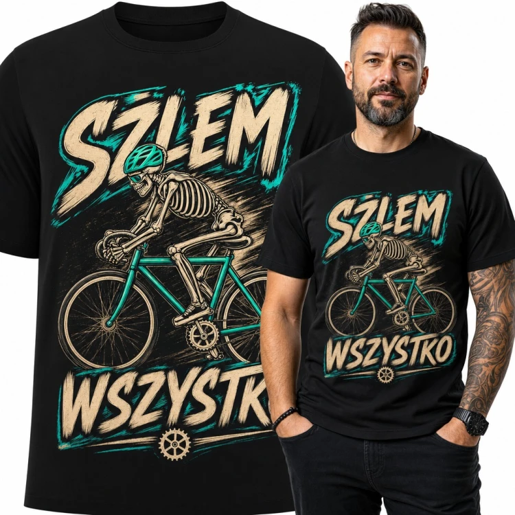 Koszulka męska „Szłem wszystko” - szkielet kolarz na rowerze dla rowerzysty
