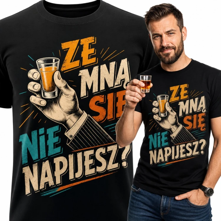 Koszulka męska „Ze mną się nie napijesz?” - ręka z kieliszkiem wódki na imprezę