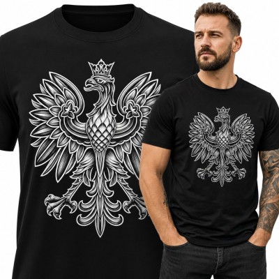 Koszulka męska z godłem Polski - orzeł w koronie w stylu grawerunku dla patrioty