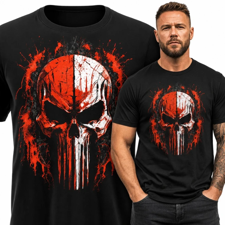 Koszulka męska z biało-czerwoną czaszką w stylu grunge