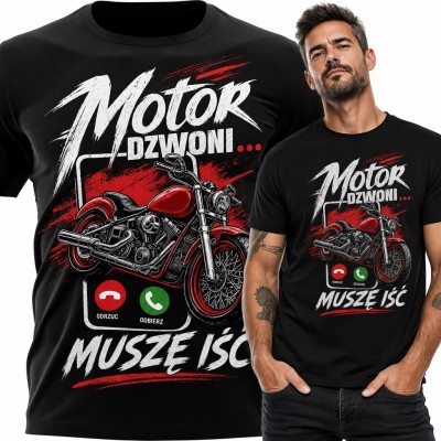 Koszulka męska „Motor dzwoni... Muszę iść” - czerwony chopper na ekranie telefonu dla motocyklisty