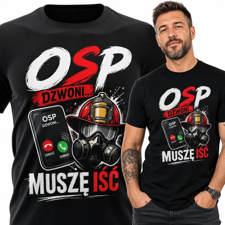 Koszulka męska „OSP dzwoni... muszę iść” - telefon i hełm strażaka