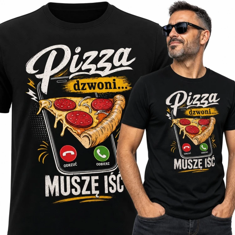 Koszulka męska „Pizza dzwoni... muszę iść” - pepperoni na ekranie telefonu