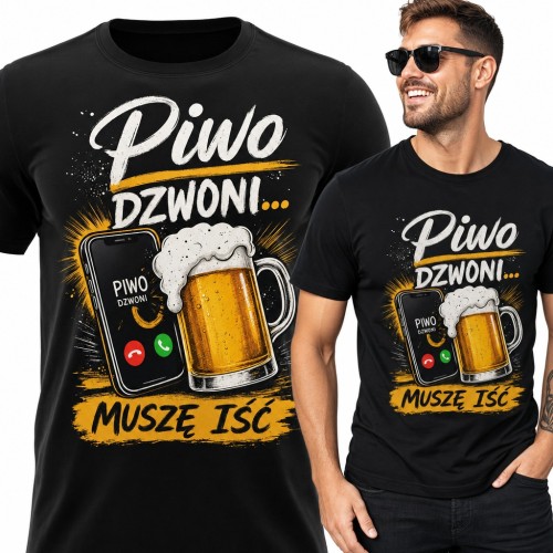 Koszulka męska „Piwo dzwoni... muszę iść” z telefonem i kuflem