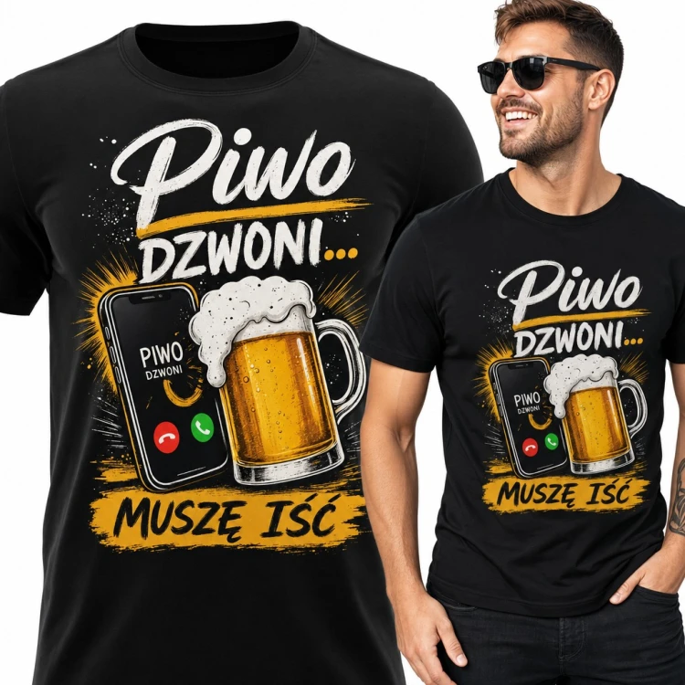 Koszulka męska „Piwo dzwoni... muszę iść” z telefonem i kuflem