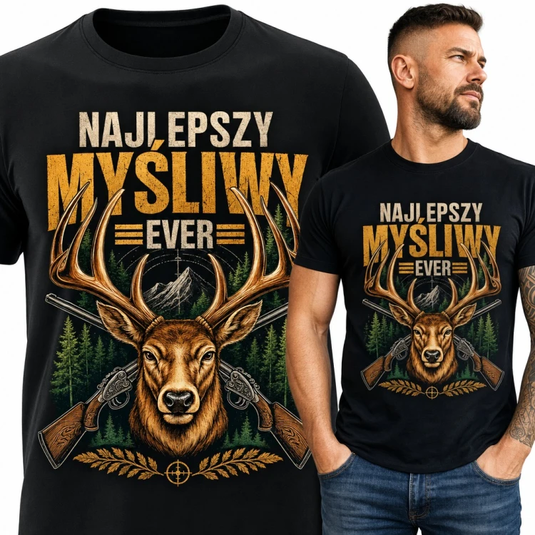 Koszulka męska „Najlepszy myśliwy ever” - jeleń i skrzyżowane strzelby dla myśliwego