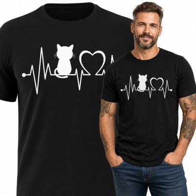 Koszulka męska z kotem na linii EKG i sercem - dla kociarza
