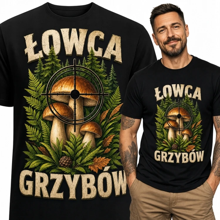Koszulka męska dla grzybiarza „Łowca grzybów” - grzyby w celowniku