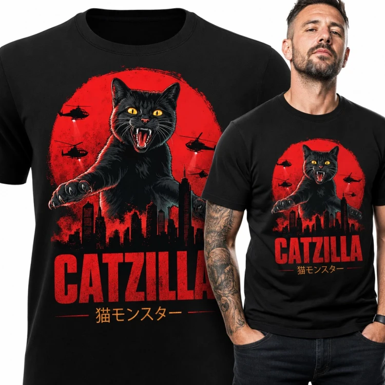 Koszulka męska „Catzilla” - czarny kot kaiju atakujący miasto