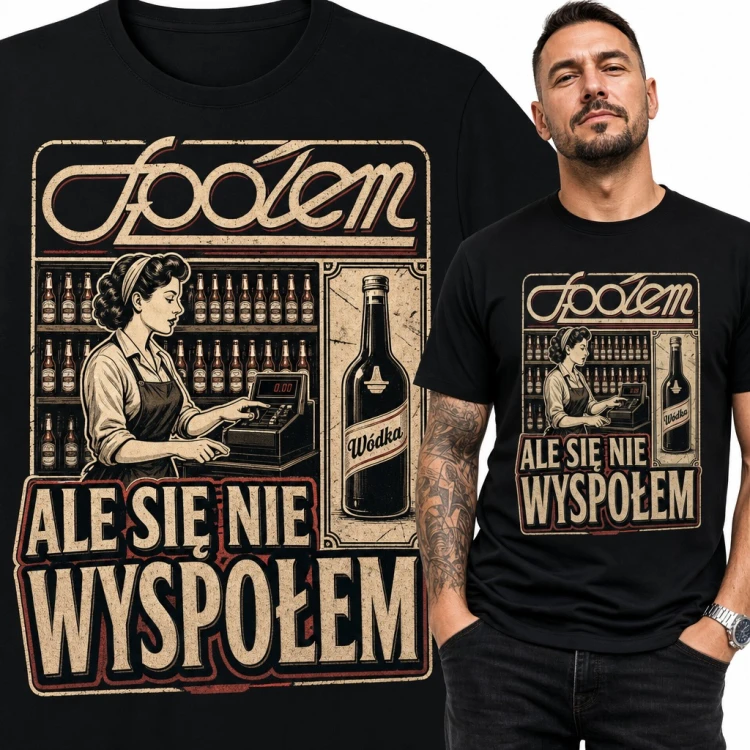 Koszulka męska Społem PRL z ekspedientką i wódką „Ale się nie wyspołem”