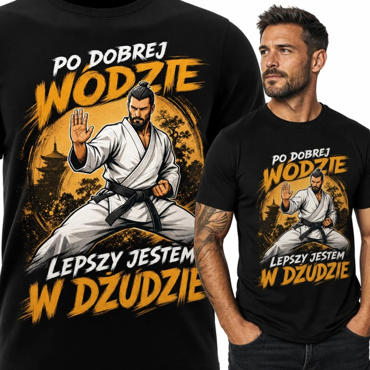 Koszulka męska judo z zawodnikiem w kimonie - „Po dobrej wódzie lepszy jestem w dżudzie”