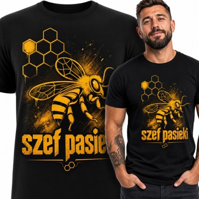 Koszulka męska „Szef pasieki” z pszczołą i plastrami miodu dla pszczelarza
