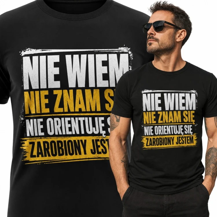 Koszulka męska z cytatem z Misia „Nie wiem, nie znam się, nie orientuję się, zarobiony jestem”