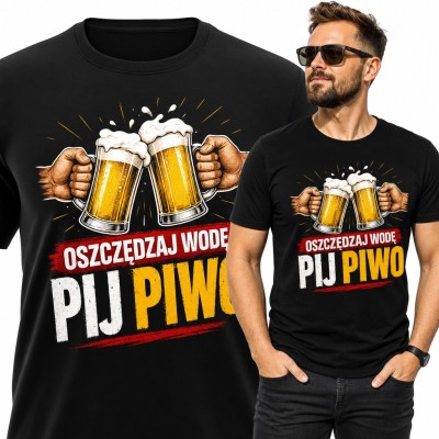 Koszulka męska z napisem „Oszczędzaj wodę, pij piwo” - kufle w toaście