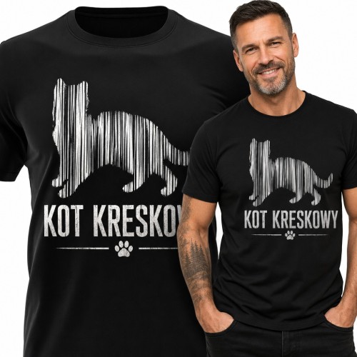 Koszulka męska „Kot kreskowy” - kot z kodu kreskowego i łapka