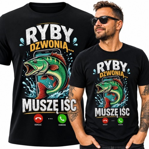 Koszulka męska „Ryby dzwonią... muszę iść” z okoniem i telefonem dla wędkarza