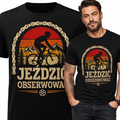 Koszulka męska z kolarzem w górach retro „Jeździć obserwować”